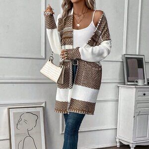 Multicolor Casual Womens Chevron Drop Shoulder Pocket Patched Duster Cardigan